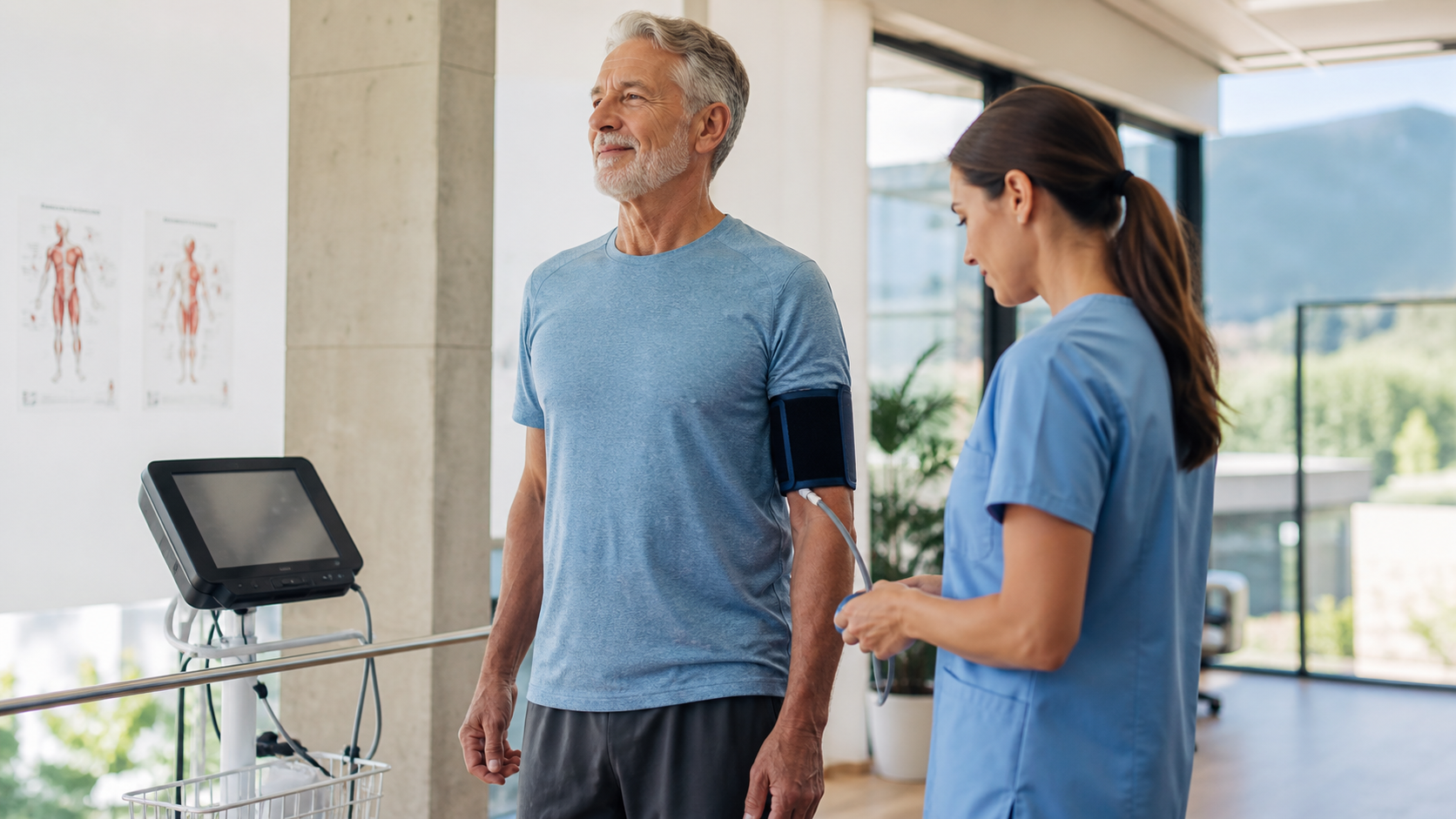 Older adult completing a supervised standing blood pressure assessment