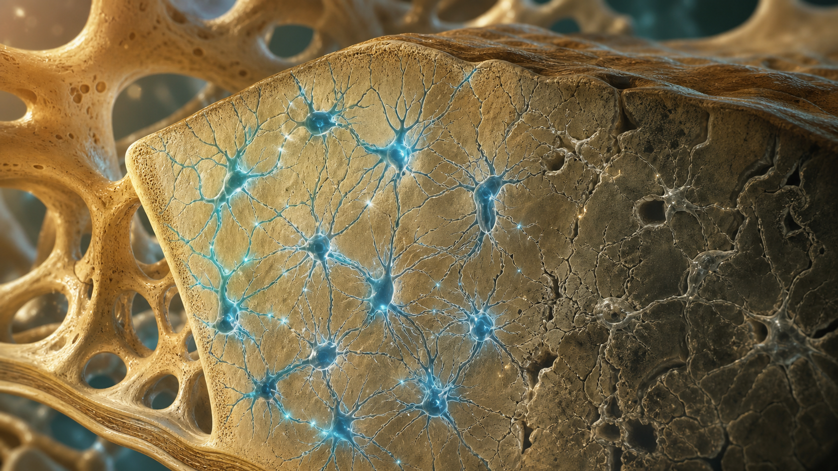 Scientific editorial cutaway of branching osteocytes embedded within mineralized bone and sensing mechanical load