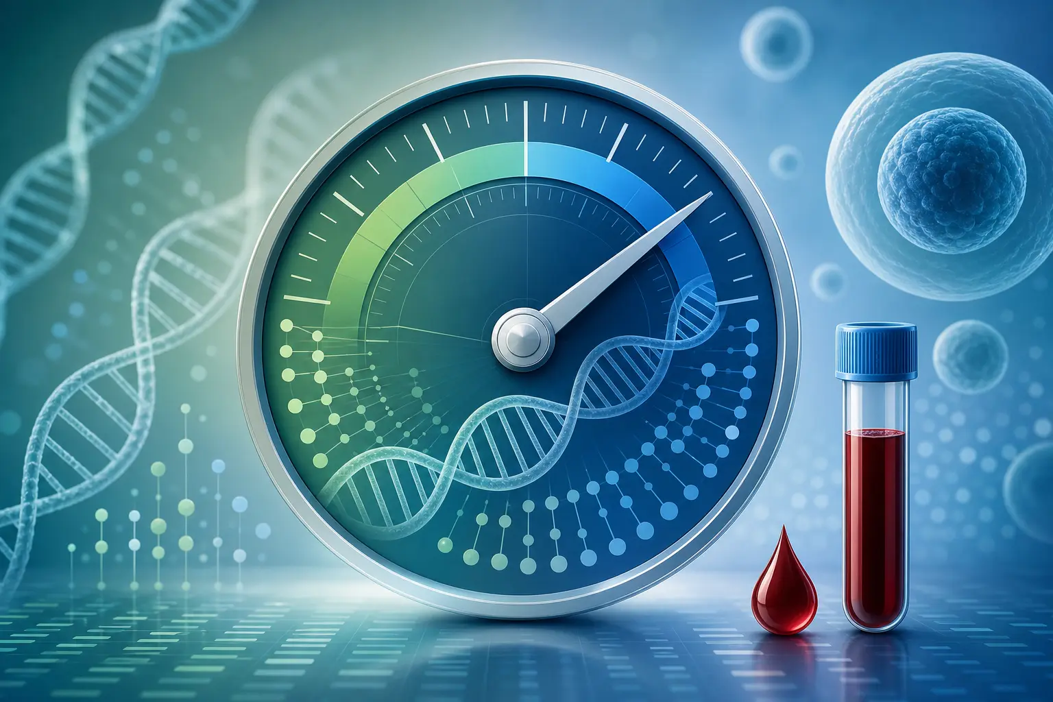 Editorial illustration of a pace-of-aging gauge with epigenetic clock and blood test motifs
