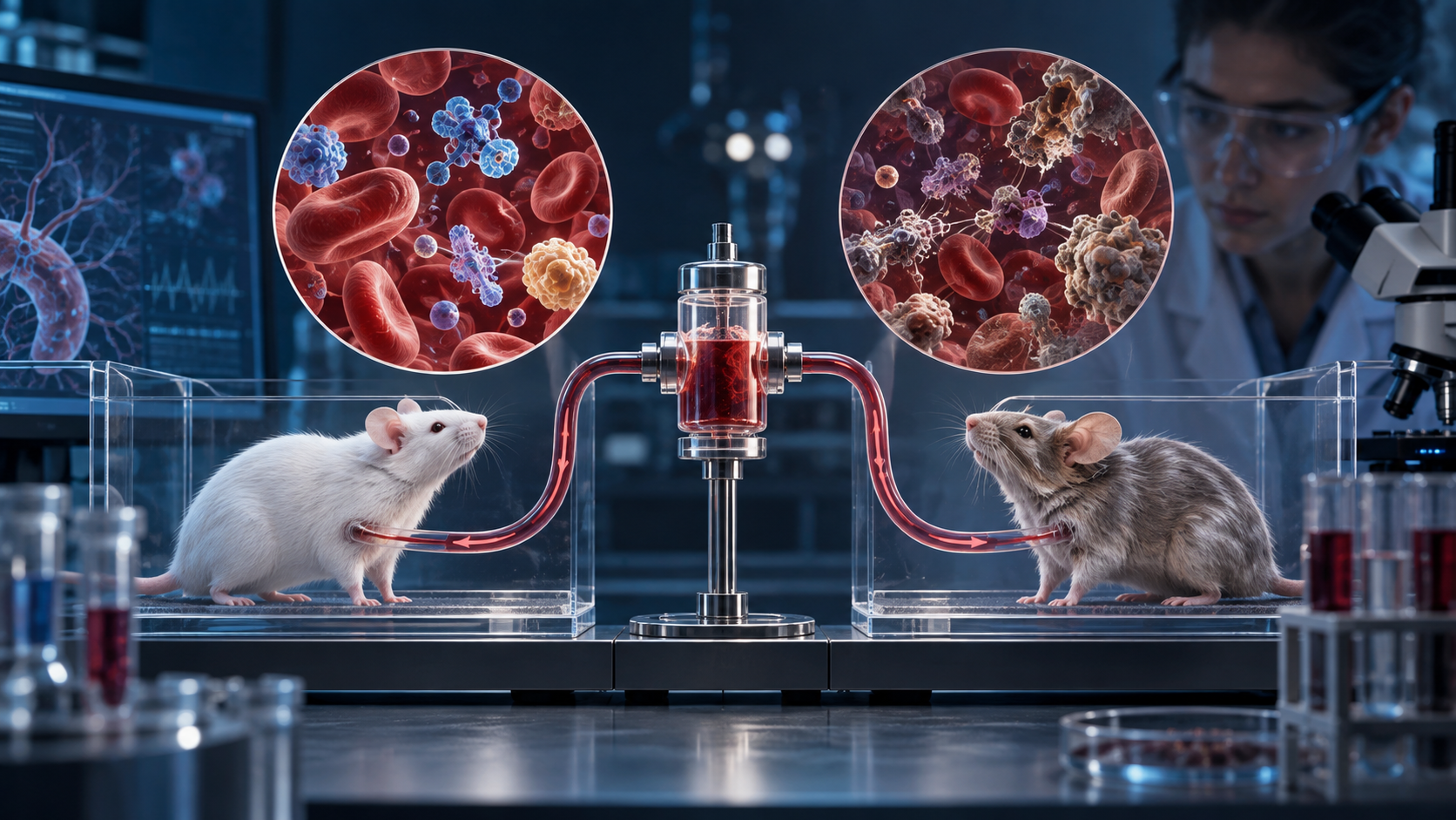 Editorial scientific illustration of linked young and old circulatory environments in parabiosis research