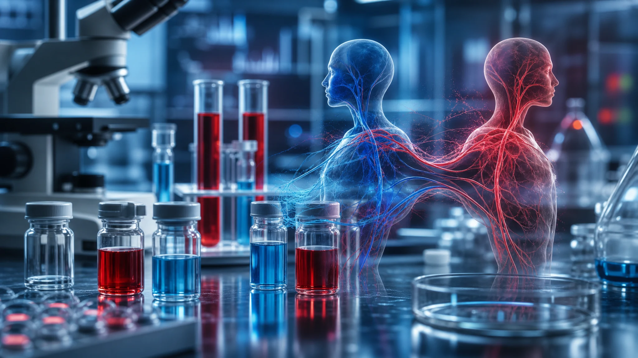 Laboratory blood samples in test tubes representing young blood and parabiosis research