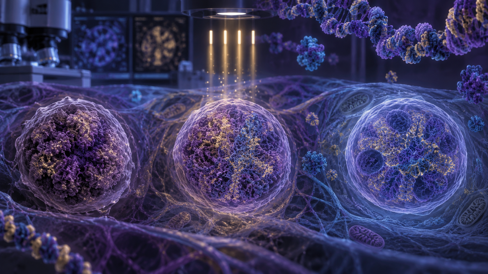 Petri dishes with glowing cell cultures in a stem cell research laboratory