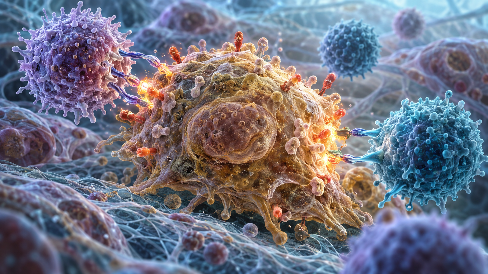 Editorial scientific illustration of immune cells identifying and clearing a senescent cell