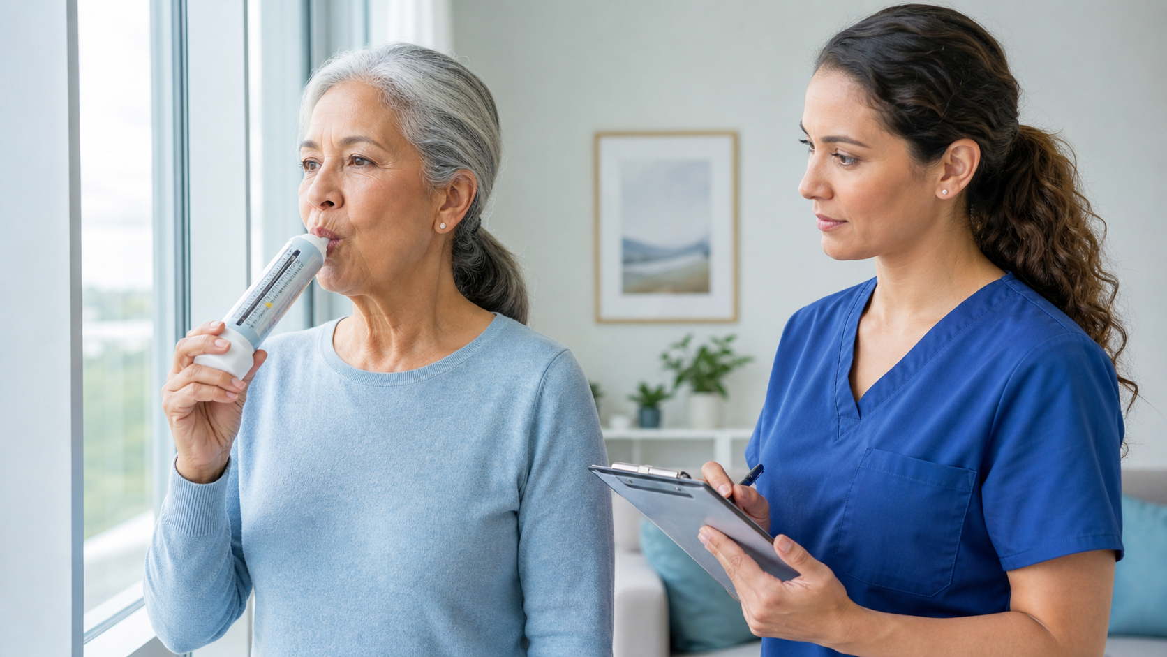 Older woman using a handheld peak-flow meter while a respiratory clinician observes