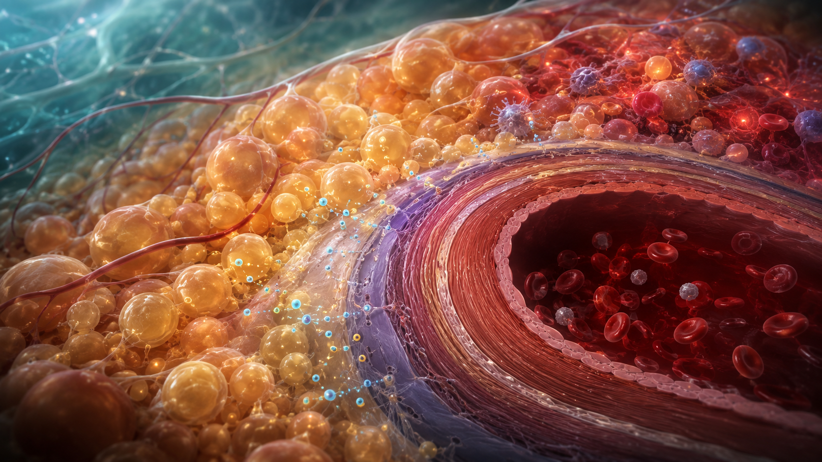 Scientific editorial cutaway of an artery surrounded by metabolically active perivascular adipose tissue