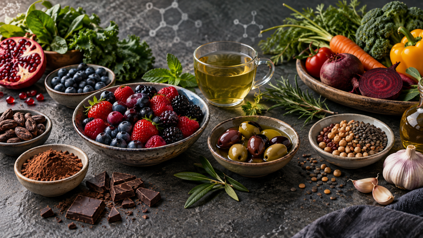 Colorful berries and fruits rich in polyphenols representing plant-based longevity nutrition