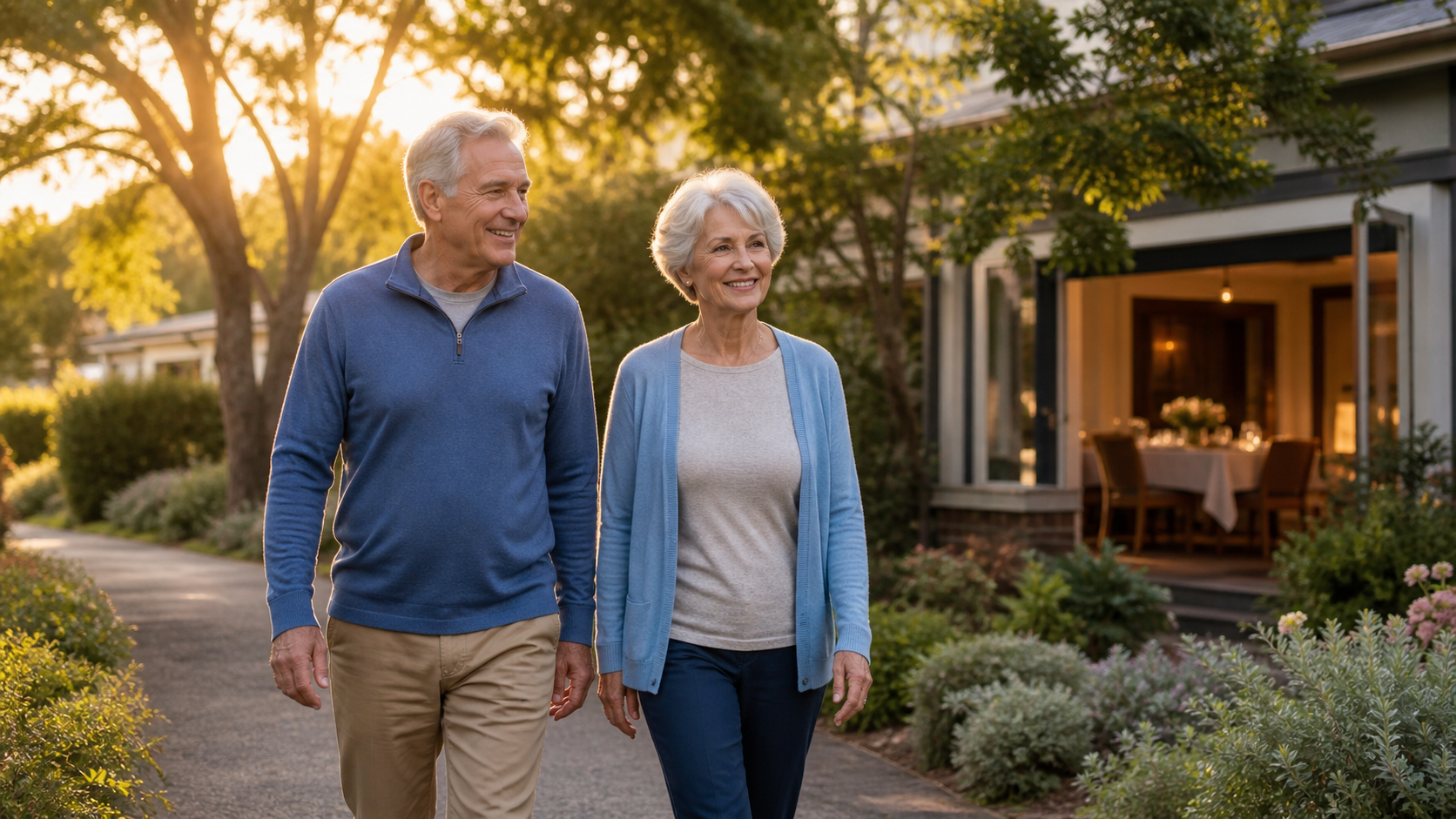Older couple taking a calm walk after a healthy evening meal