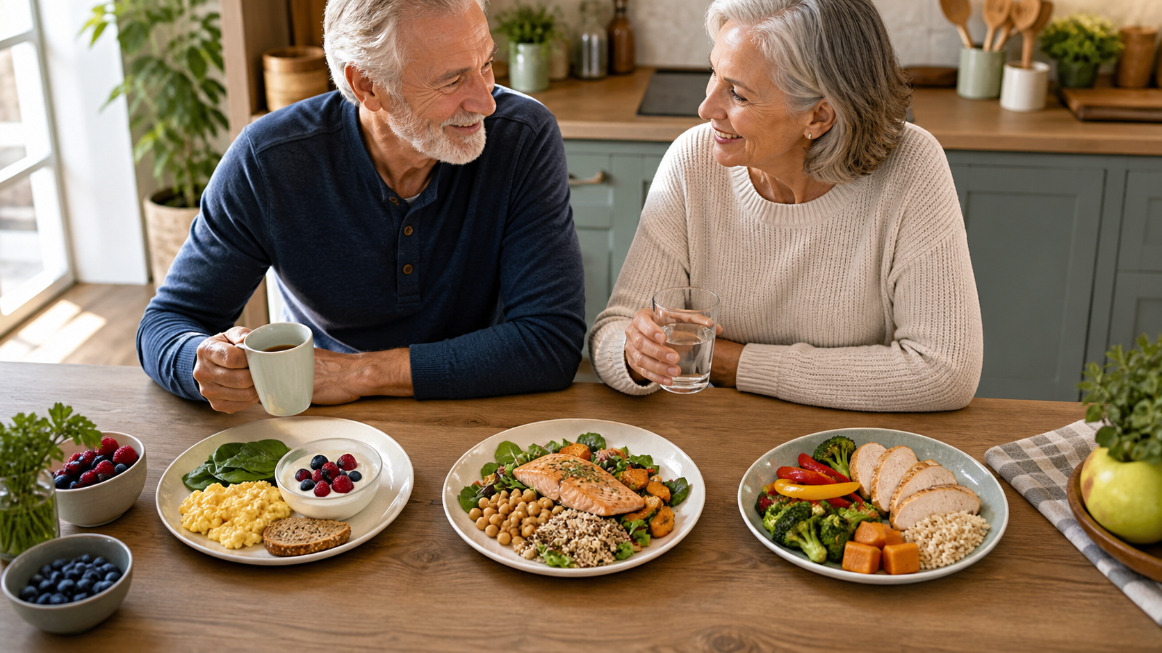 Older couple with balanced protein foods distributed across three meals