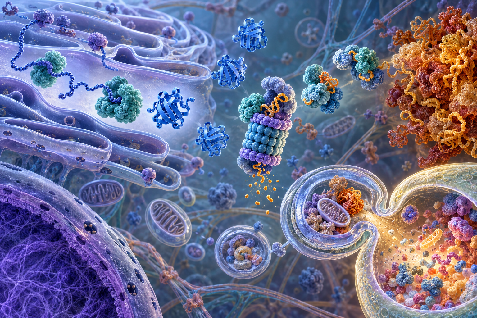 Scientific editorial illustration of protein folding, proteasome activity, autophagy, and damaged protein accumulation in a cell