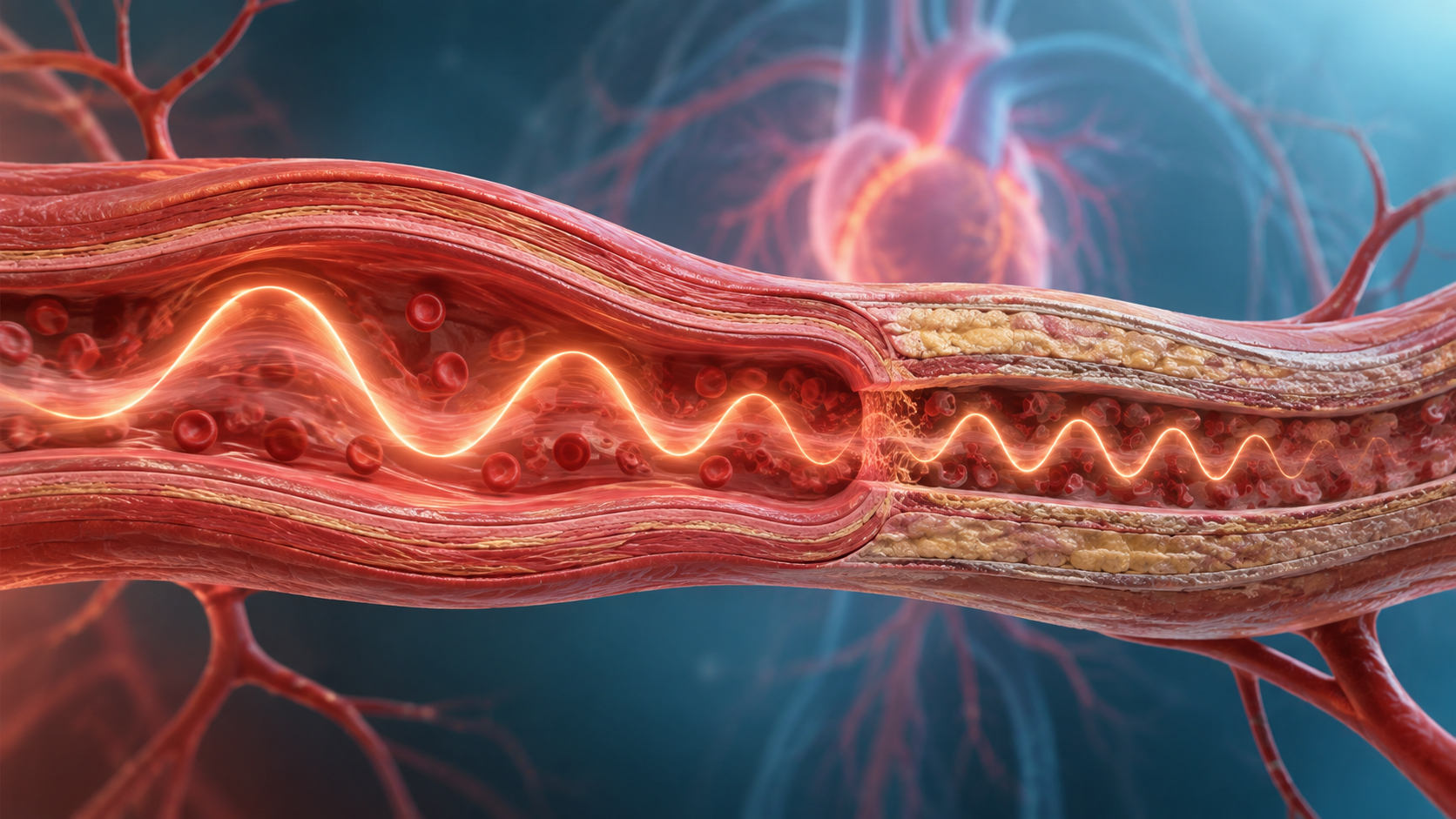 Editorial medical illustration of a pressure wave moving through a flexible artery