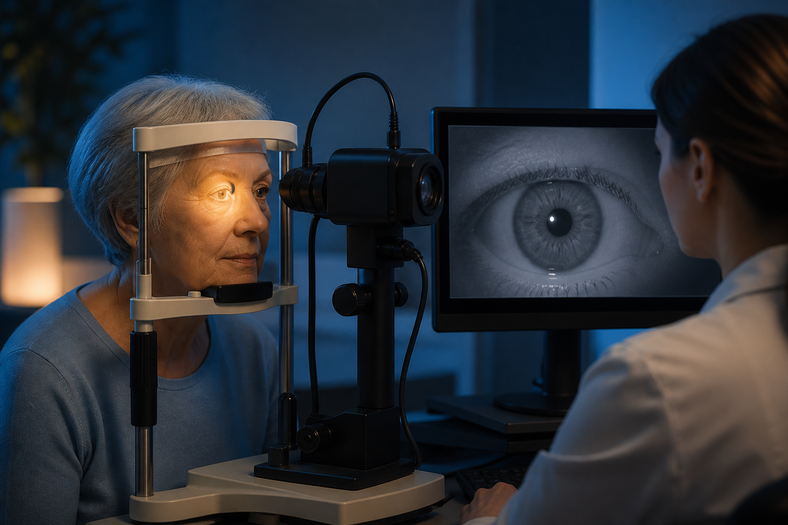 Older adult undergoing a gentle computerized pupil light-reflex examination
