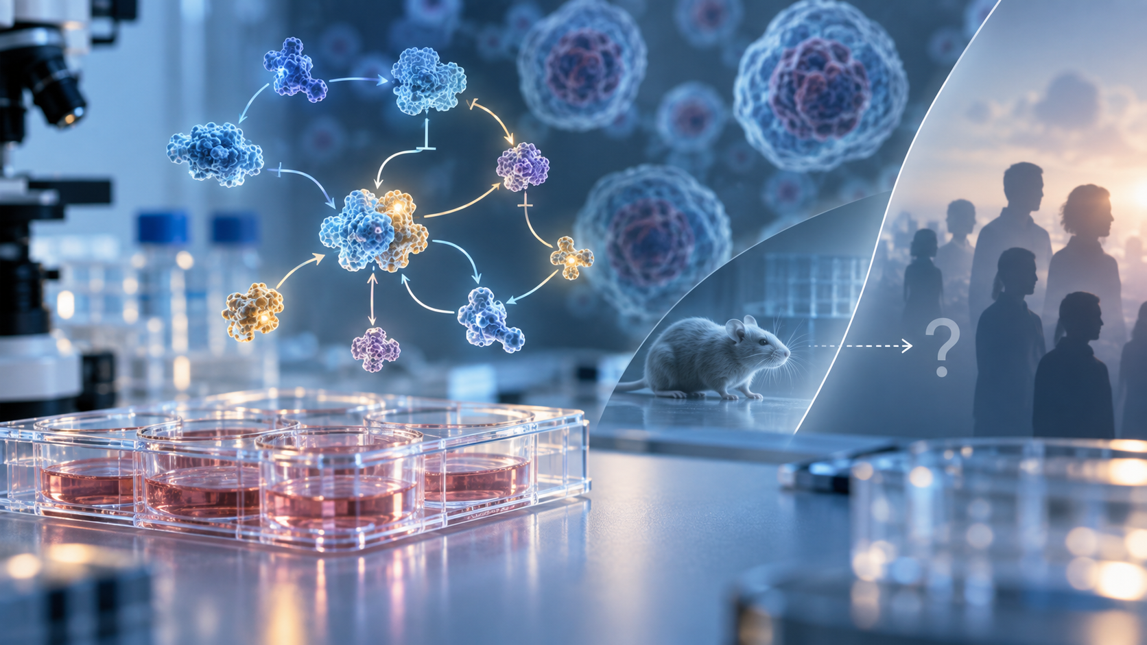 Editorial illustration of rapamycin longevity research with capsules and laboratory motifs