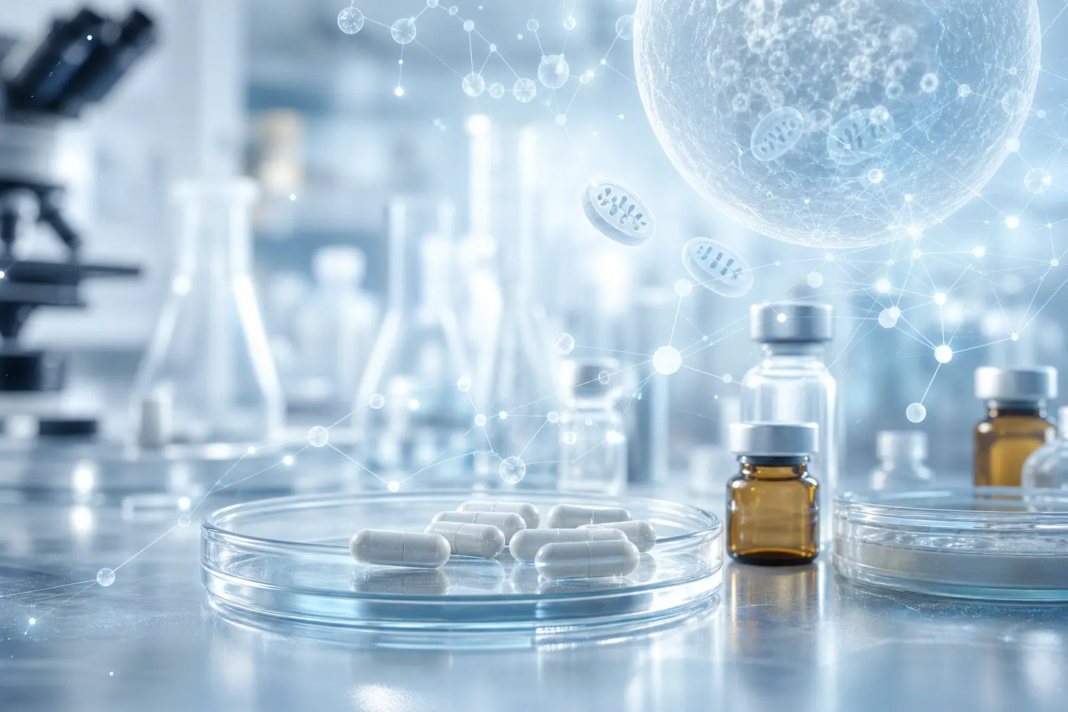 Editorial illustration of rapamycin longevity research with capsules and laboratory motifs
