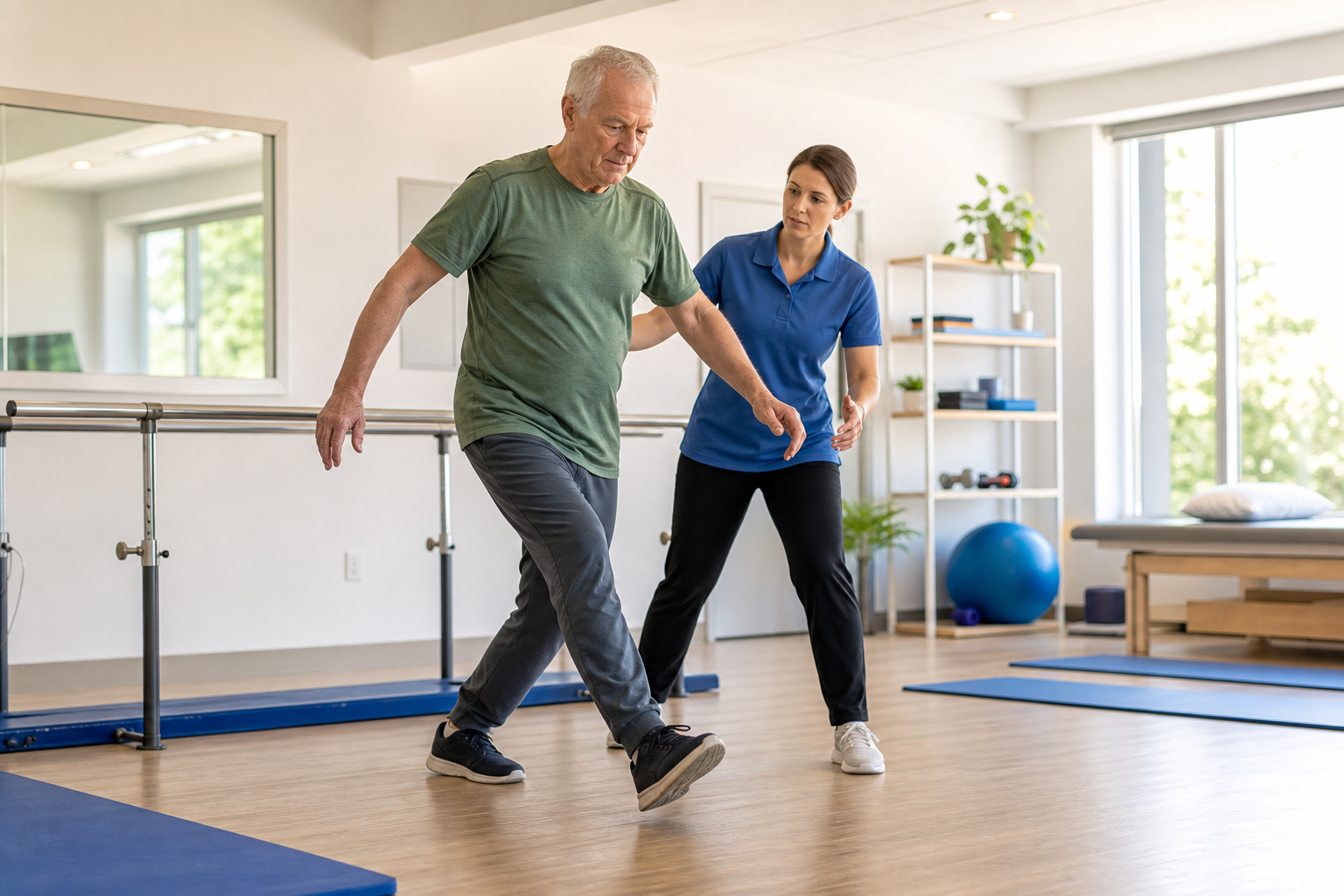 Older adult practicing a safe recovery step with a physical therapist