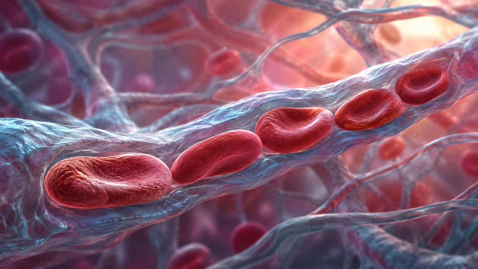 Scientific editorial illustration of flexible red blood cells squeezing through a narrow capillary