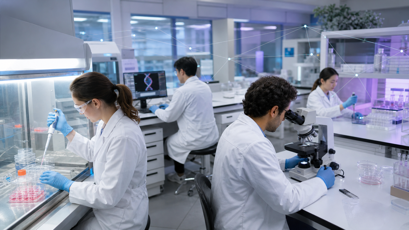 Modern biotechnology laboratory with advanced equipment, representing the cutting edge of rejuvenation research and biotech innovation.