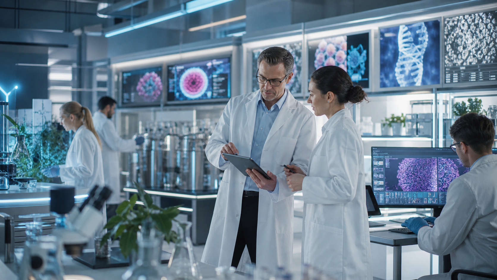 Modern biotechnology laboratory with advanced equipment, representing the cutting edge of rejuvenation research and biotech innovation.