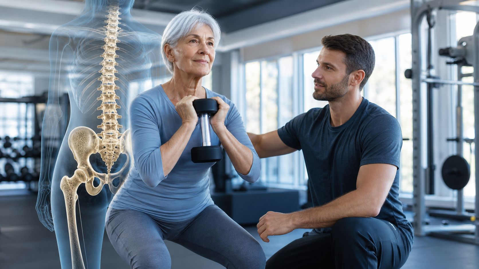 Older adult performing supervised resistance training with an anatomical bone-strength concept