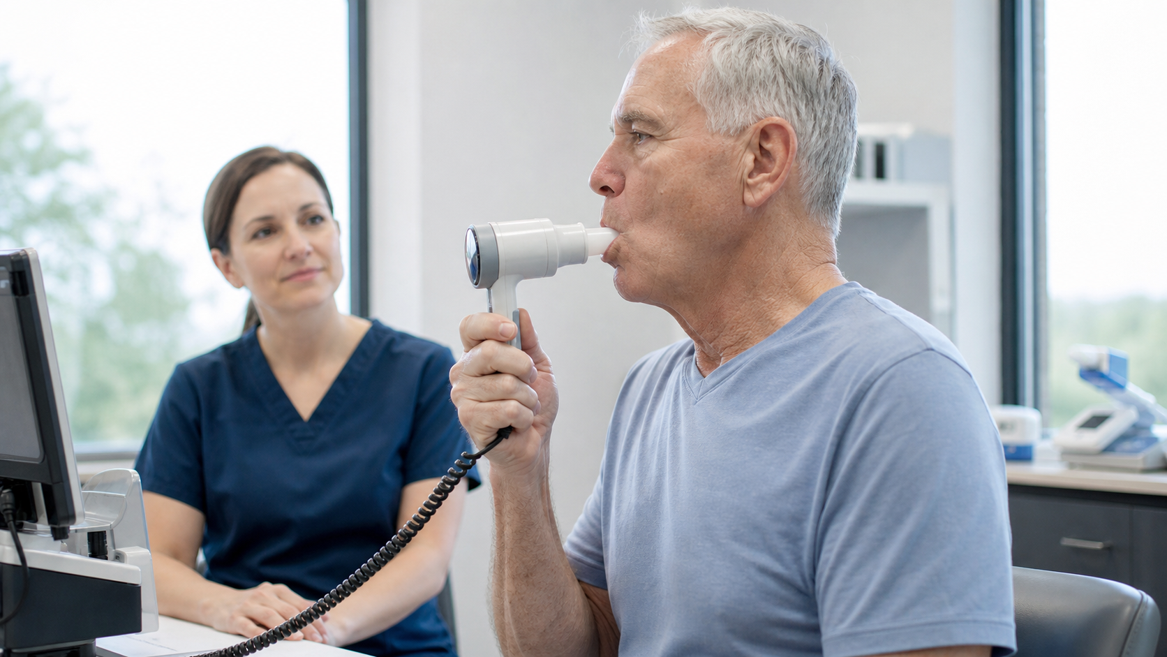 Older adult performing a supervised respiratory muscle strength test
