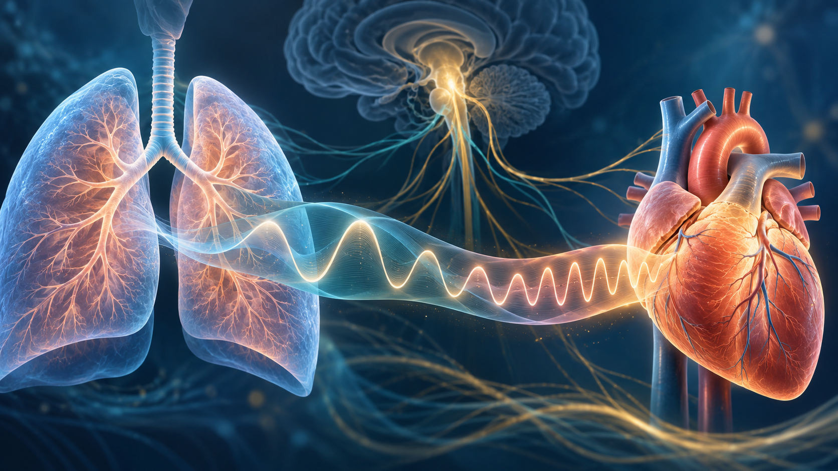 Scientific editorial illustration of lungs and heart linked by a flowing respiratory rhythm