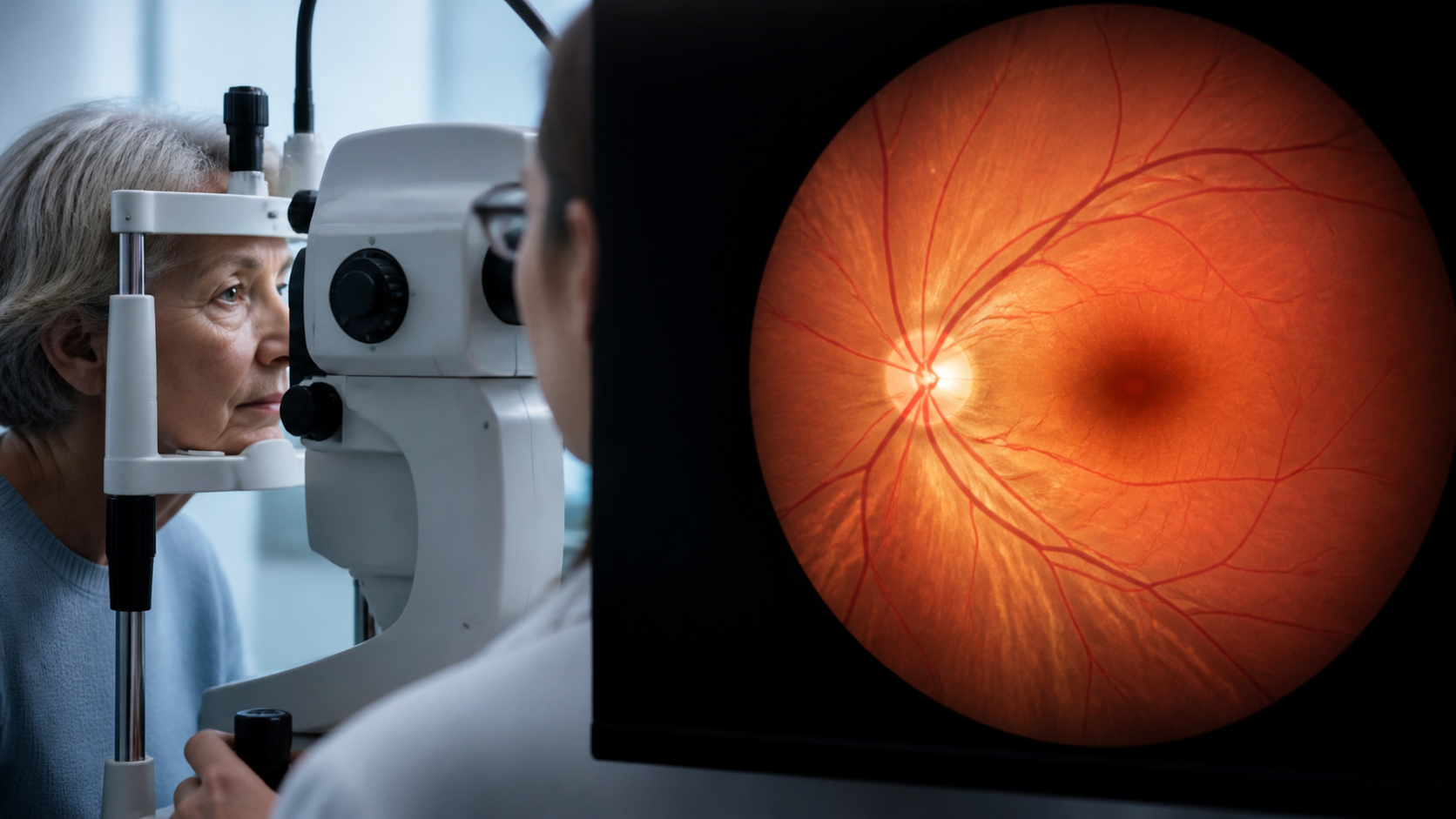 Detailed retinal scan showing branching microvessels in a clinical imaging setting