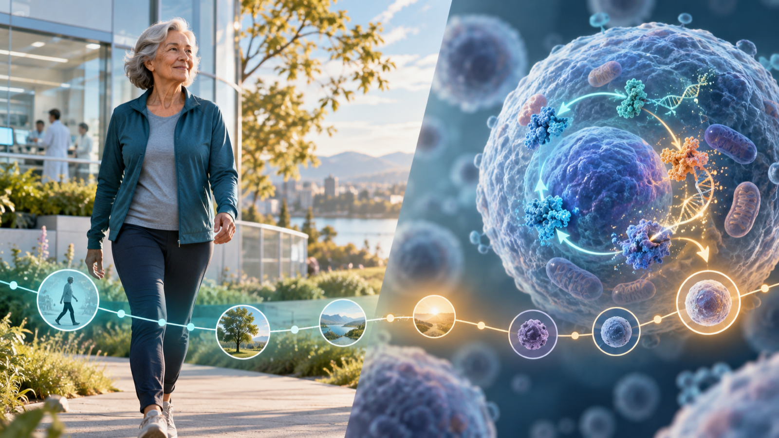 Split laboratory image comparing preventive and regenerative aging research approaches