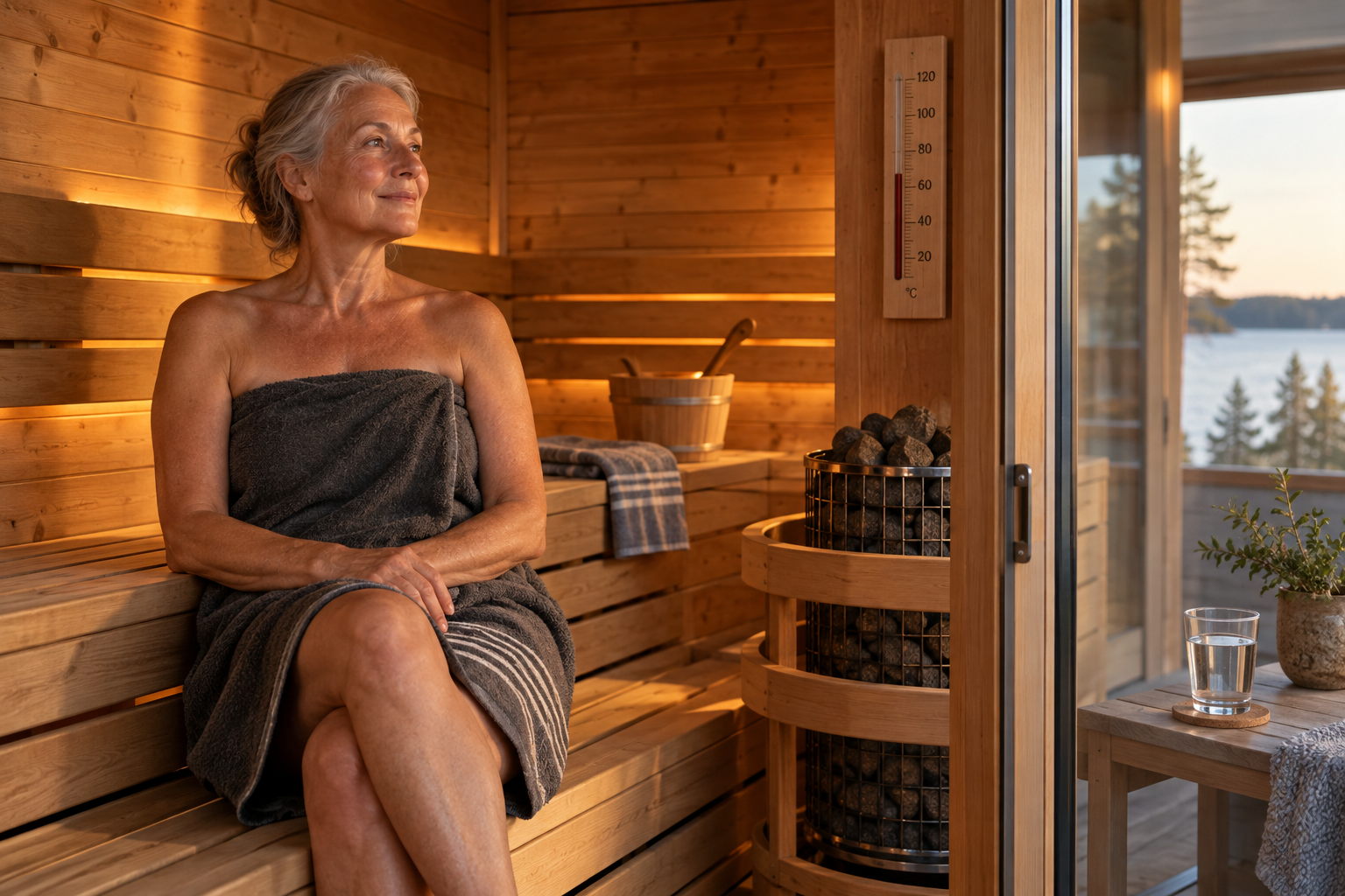 Editorial illustration of an older adult resting safely in a traditional wooden sauna