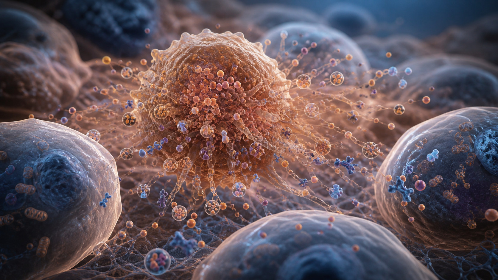 Senescent cell releasing signals into surrounding tissue