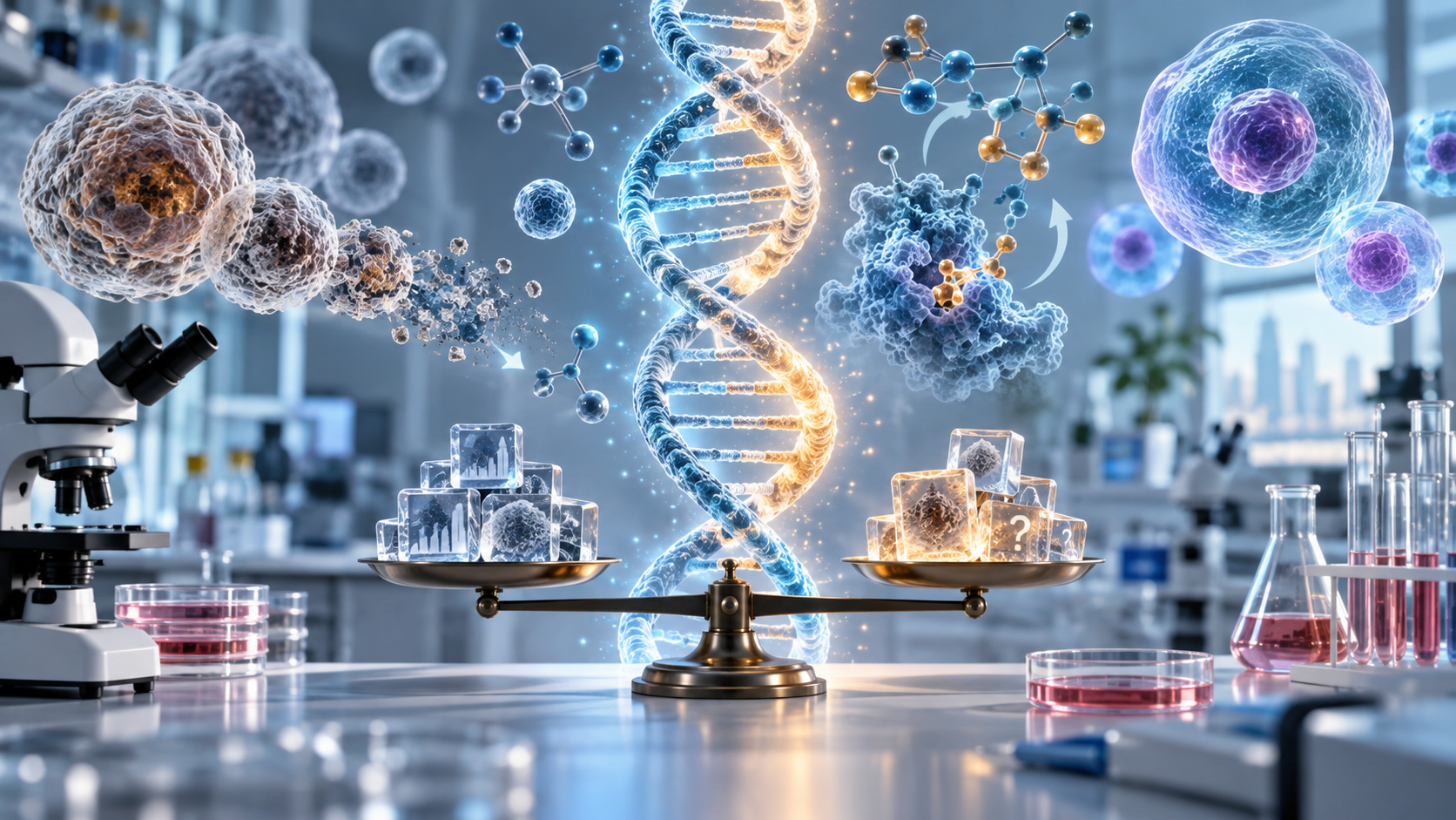 Harvard-style research laboratory with advanced genomics equipment and screens