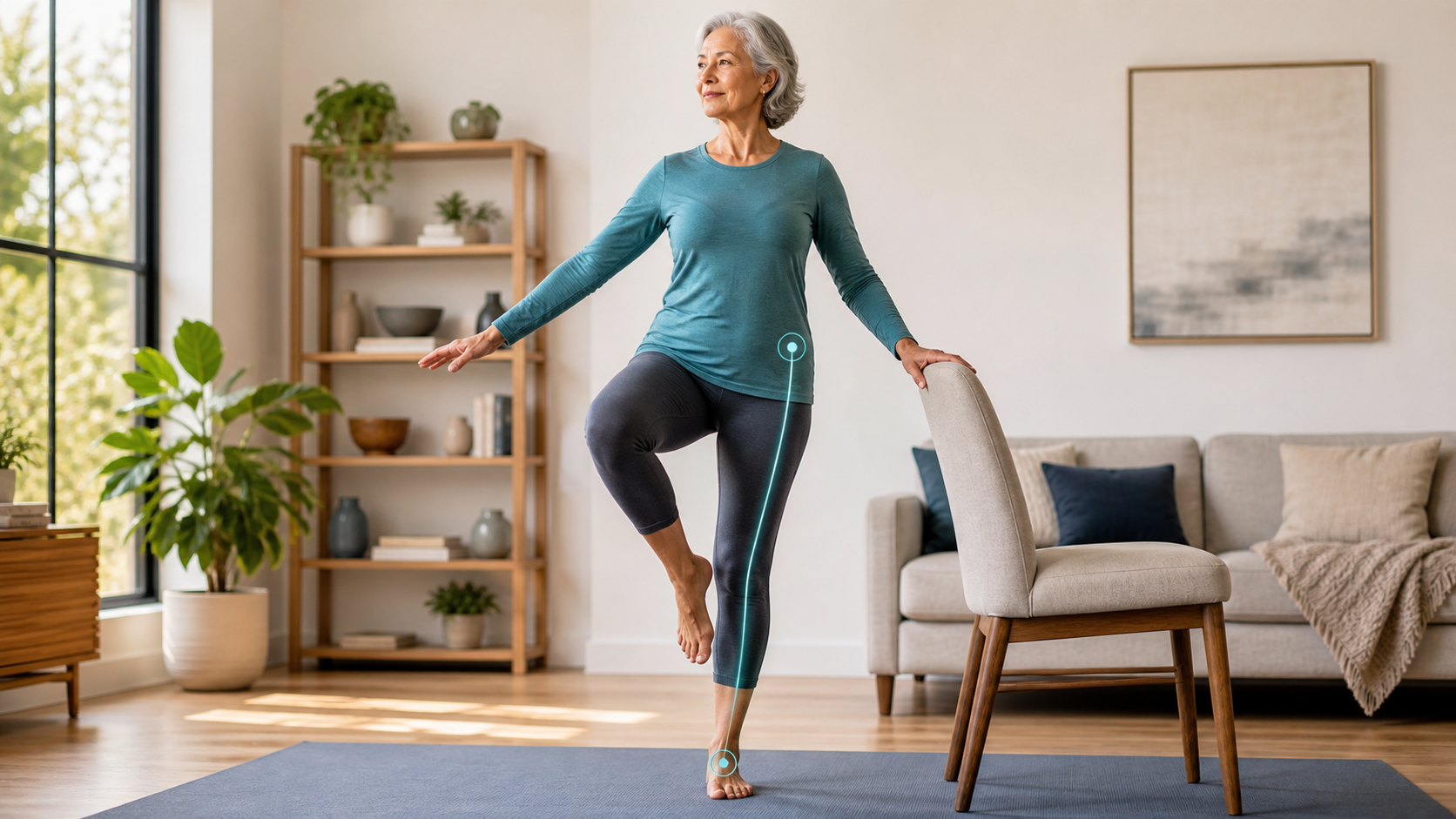 Older woman safely practicing a one-leg balance stance beside a chair