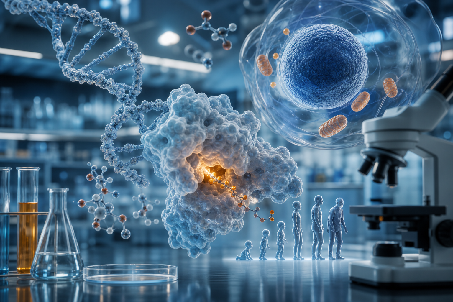 DNA double helix structure illuminated in blue light, representing the epigenetic regulation controlled by sirtuin proteins.