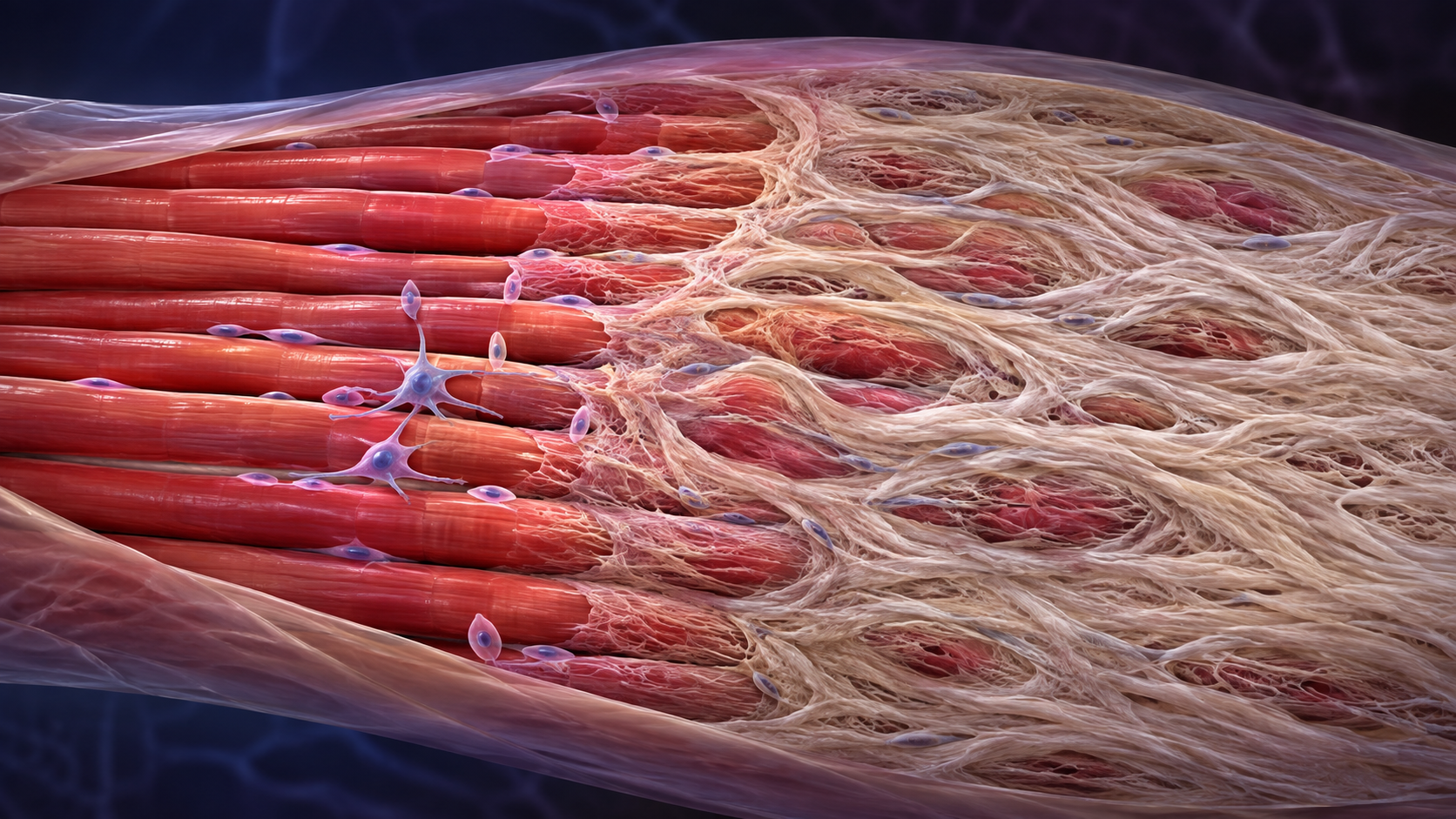 Scientific editorial illustration contrasting organized muscle fibers with collagen-rich fibrotic muscle tissue