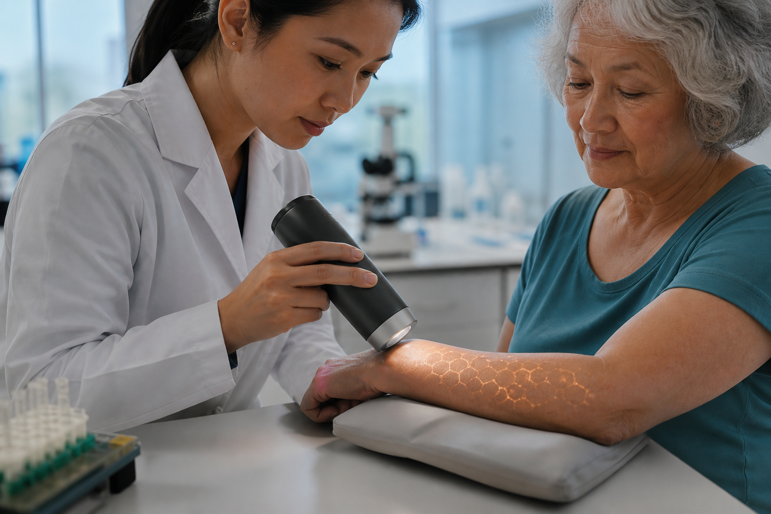 Researcher measuring light reflected from an older adult's forearm
