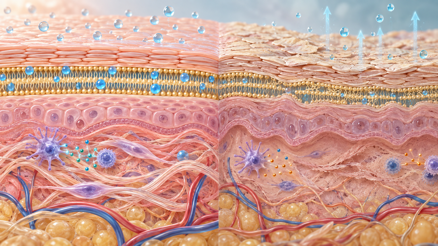 Original scientific illustration of layered human skin with moisture retention and barrier structure