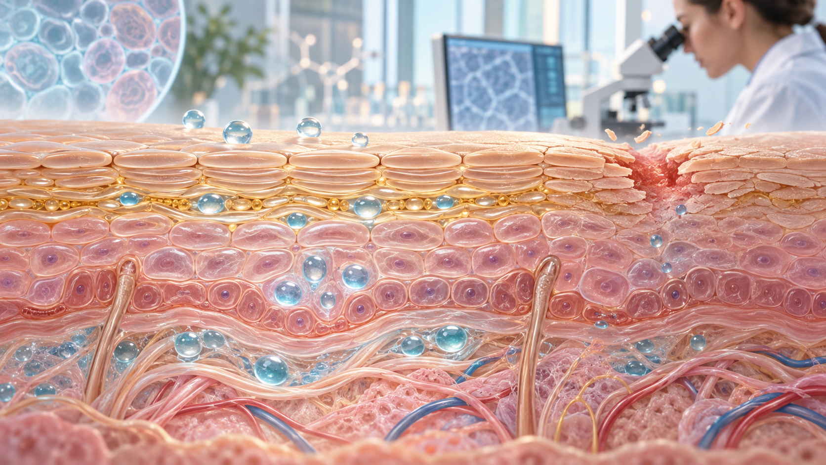 Scientific editorial illustration of layered human skin maintaining moisture and repairing its barrier