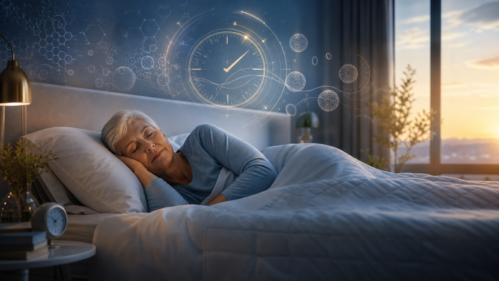 Older adult sleeping peacefully as a subtle circadian clock and dawn light suggest a consistent sleep schedule
