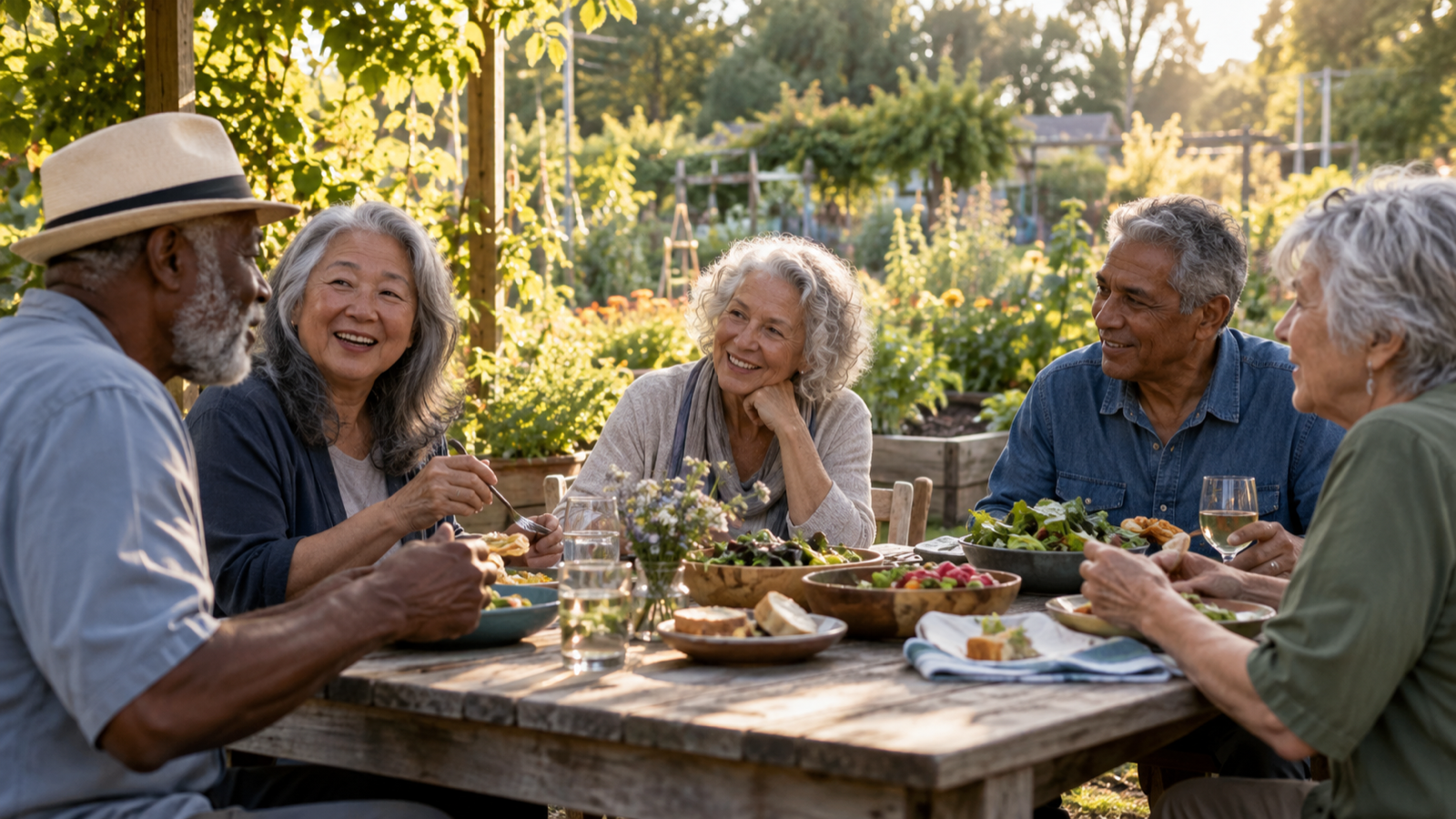 Group of friends laughing together representing social connection and healthy aging