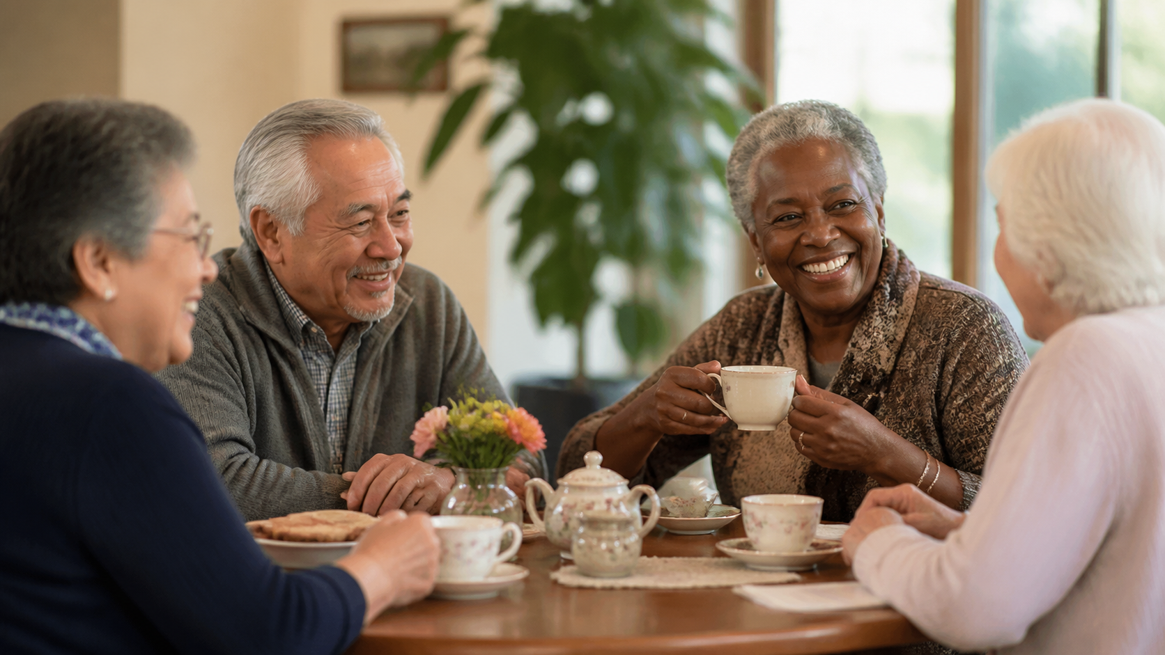 Older neighbors sharing conversation and tea at a welcoming community table