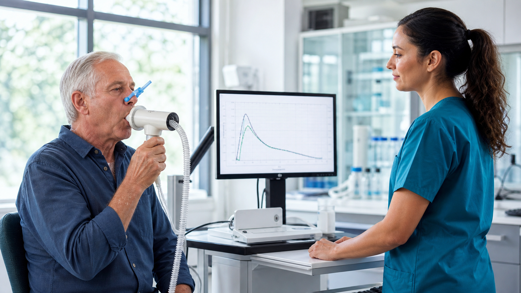 Older adult completing a spirometry test in a bright respiratory laboratory