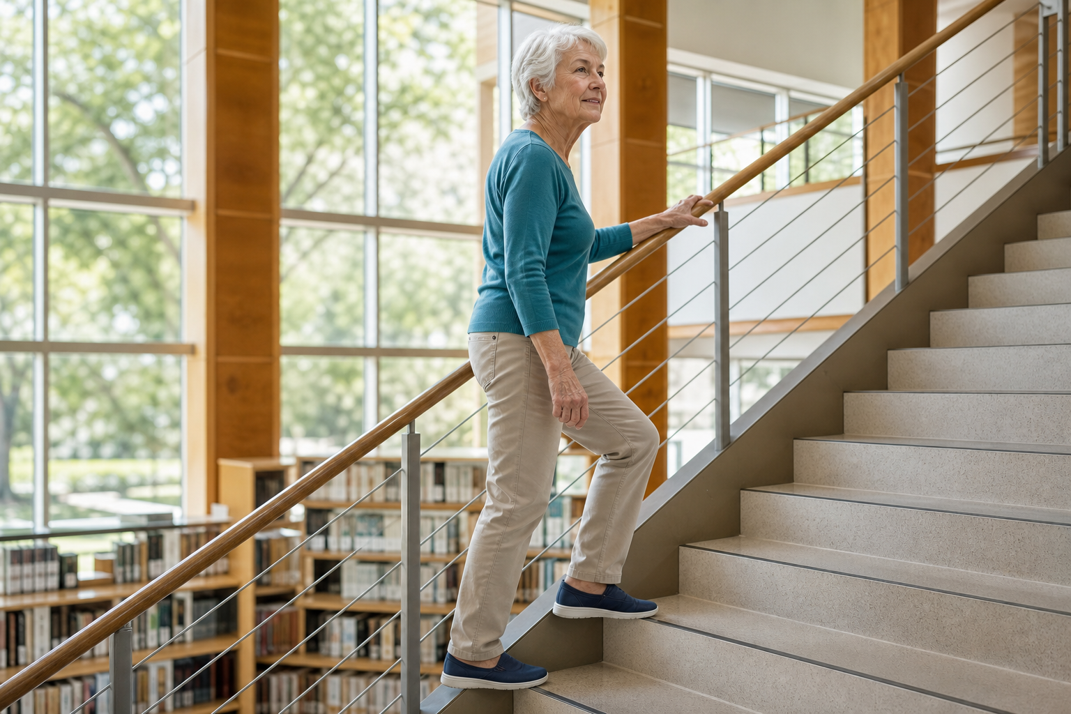 Active older adult climbing a bright indoor staircase while holding the rail