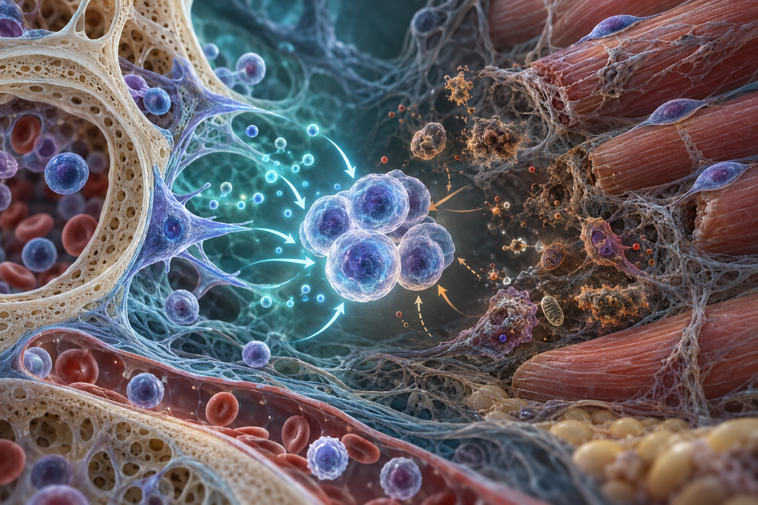 Editorial scientific illustration of stem cells responding to signals from aging bone marrow and muscle tissue