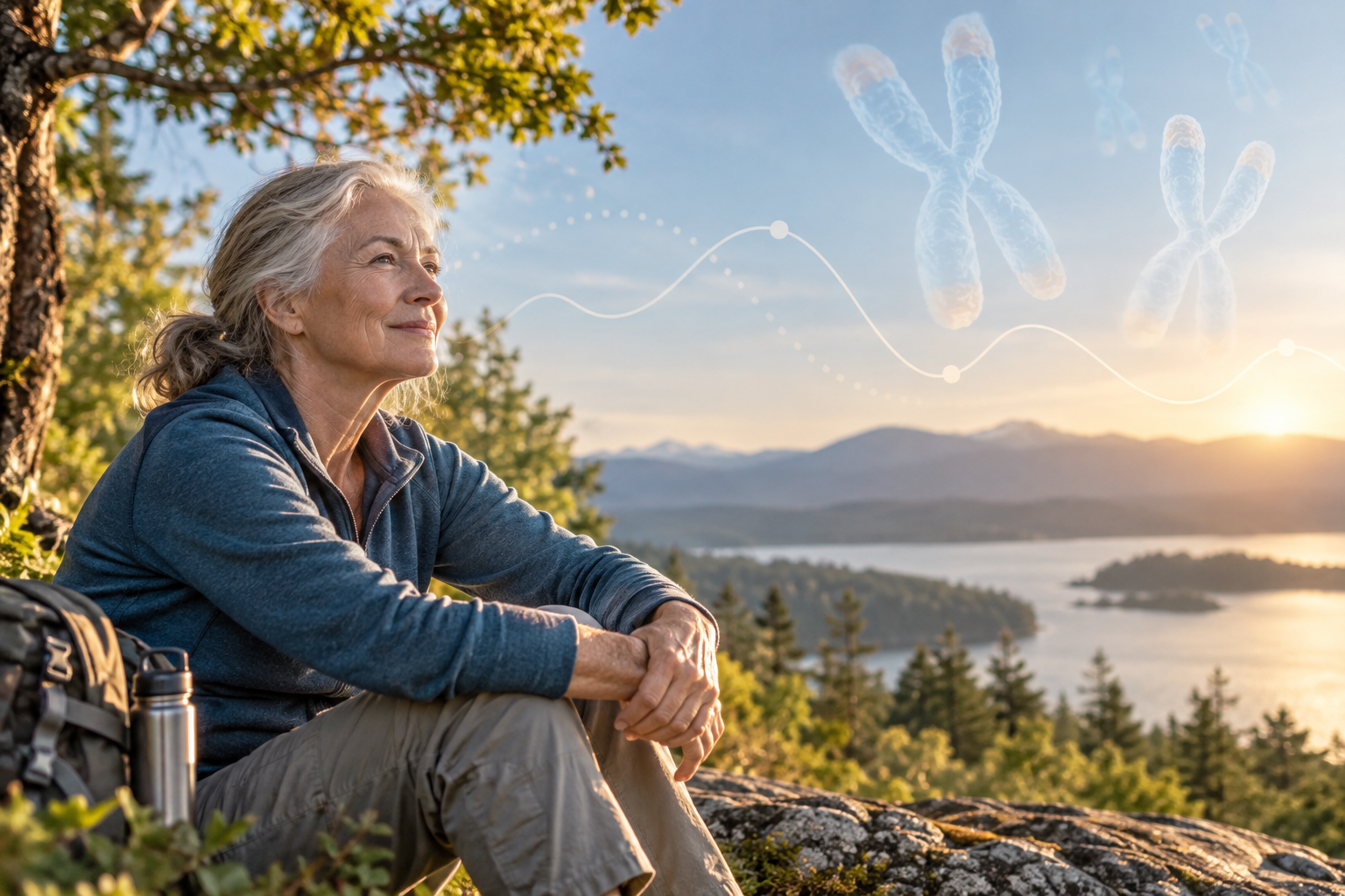 Person meditating in nature representing stress management for telomere health and longevity