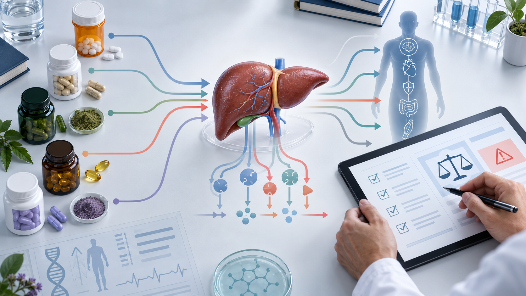 Editorial illustration of supplements and medicines converging through liver metabolism and safety review