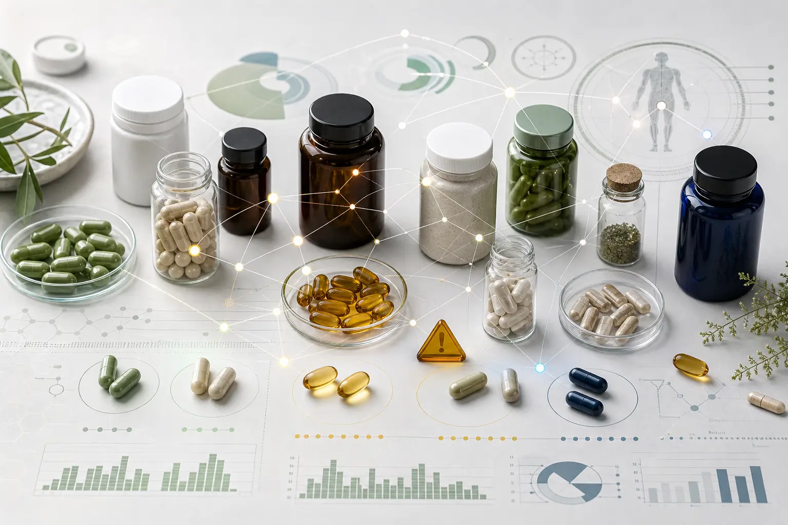 Editorial illustration showing supplement bottles, capsules, and a visual map of interaction risks for longevity stacks
