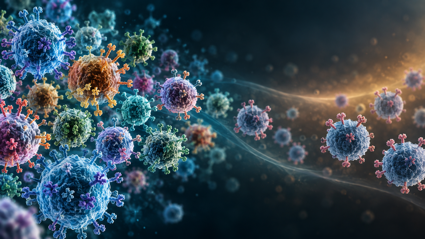 Scientific illustration of diverse T cells and receptor patterns in an aging immune system