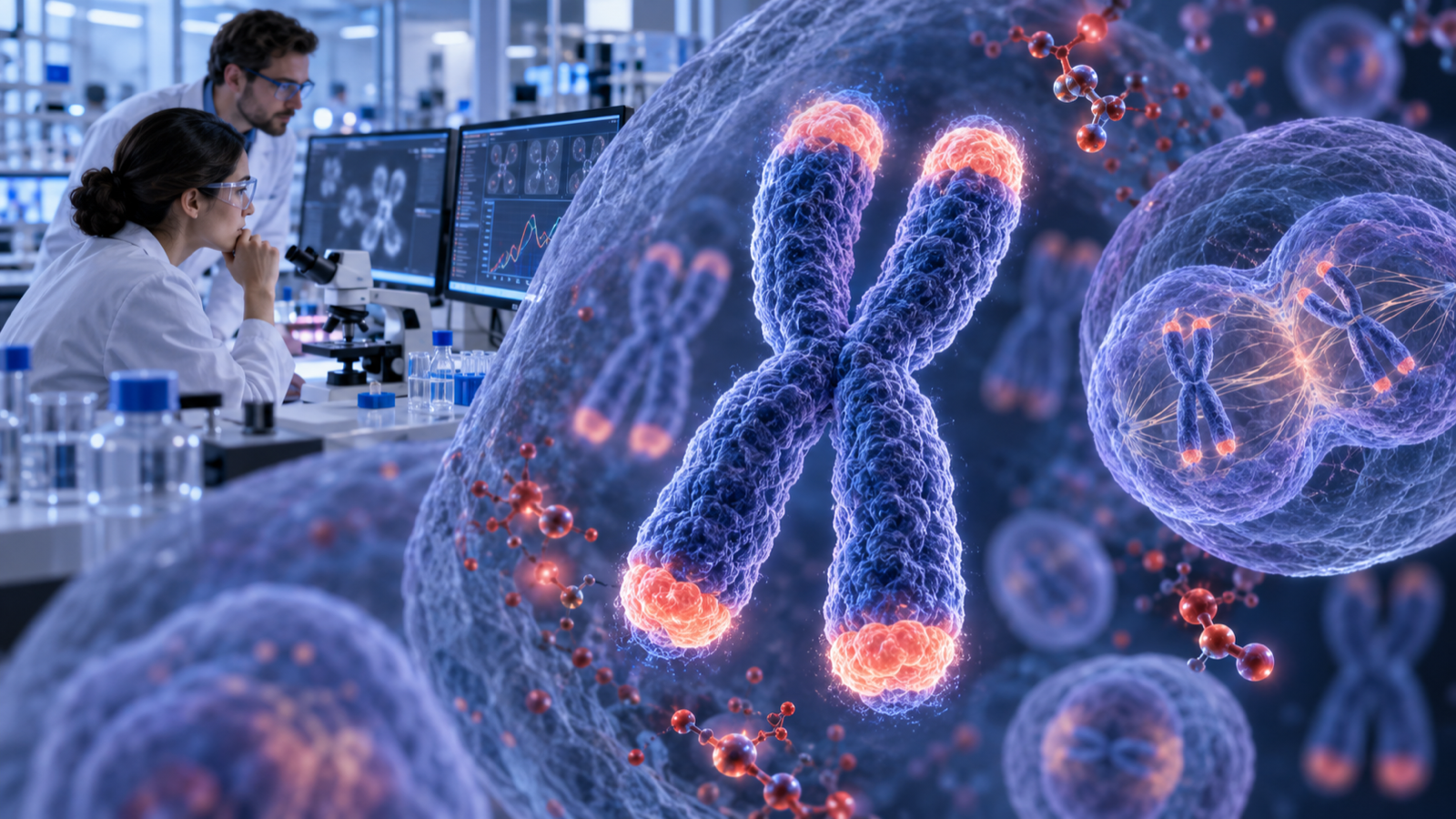 Colorful chromosome visualization showing telomere caps at the ends of DNA strands