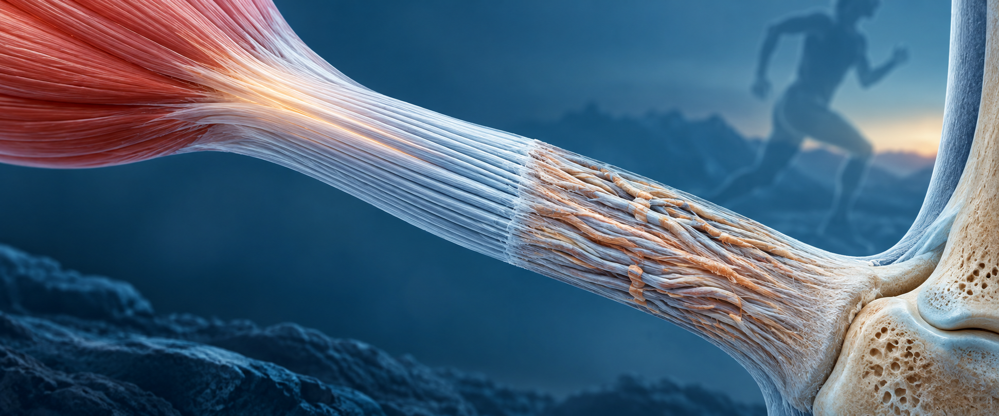 Scientific editorial illustration of tendon collagen fibers transmitting force between muscle and bone