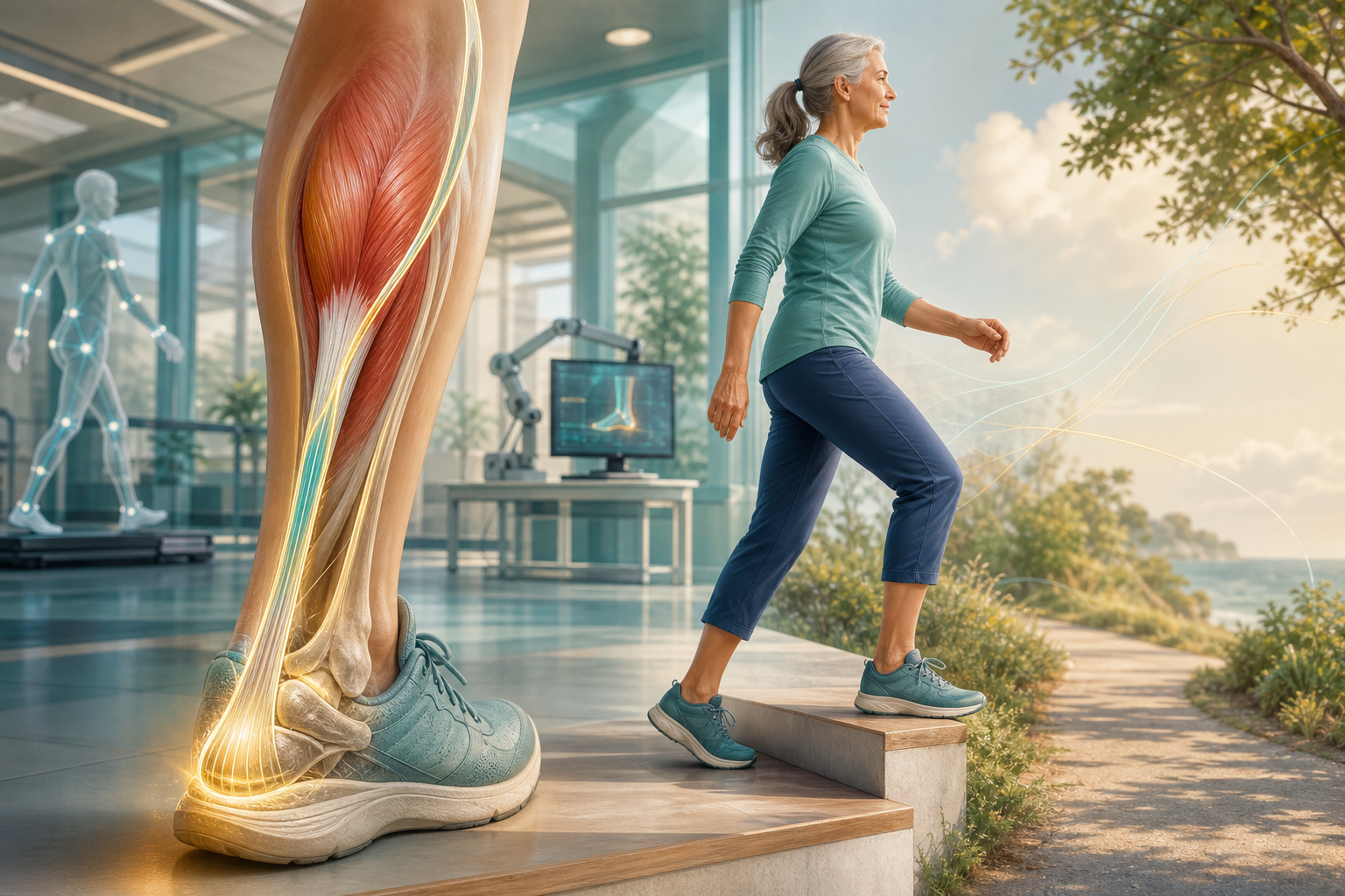 Scientific editorial illustration of an aging Achilles tendon transmitting force between calf muscle and heel during walking
