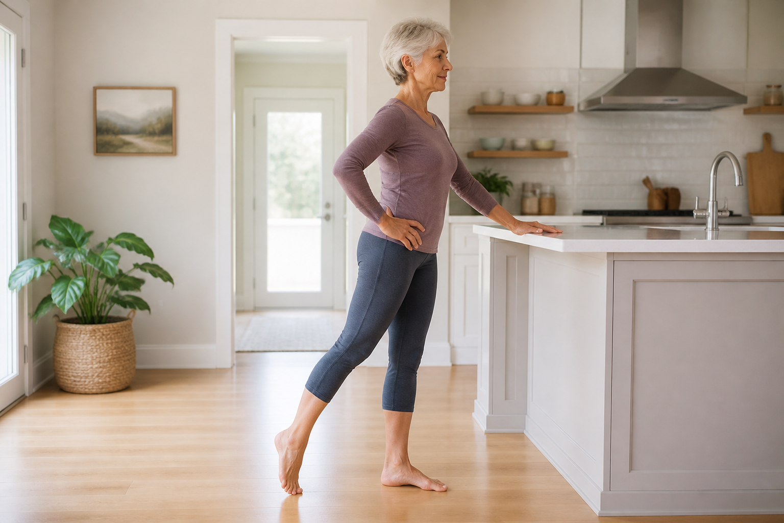 Older adult practicing controlled barefoot balance beside a sturdy kitchen counter