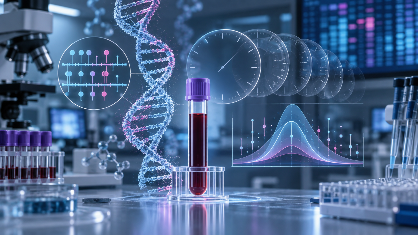 Editorial scientific illustration of DNA methylation testing, biological-age clocks, and measurement uncertainty
